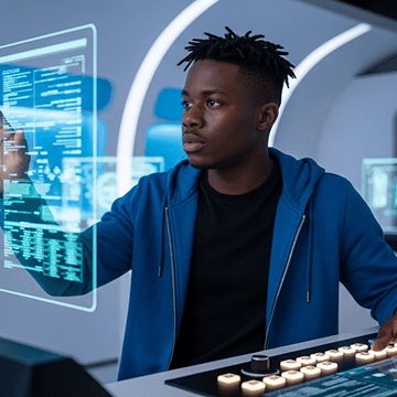 Engineer interacting with a futuristic holographic display