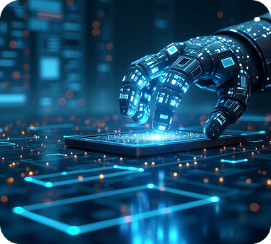 Robotic hand interacting with a holographic circuit representing agent automation