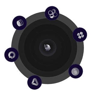 LLMOps visual with model nodes and connections around a core brain icon