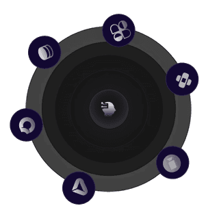 LLMOps orbital diagram with model service icons rotating around a core node